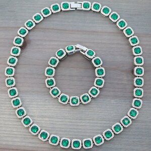 12.5mm Green Square Halo Diamond Chain Rhinestones Silver Plated N+ B Set